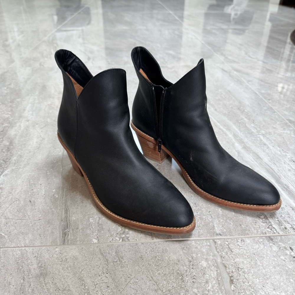 Poppy Barley Black Leather Ankle Boots with Brown Sole